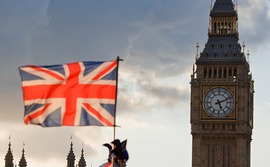 Big Ben and British flag London UK 