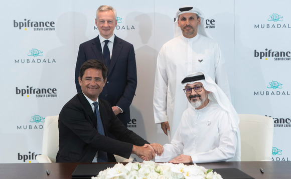 Nicolas Dufourcq and Bruno Le Maire with Khaldoon Khalifa Al Mubarak and Waleed Al Mokarrab Al Muhairi